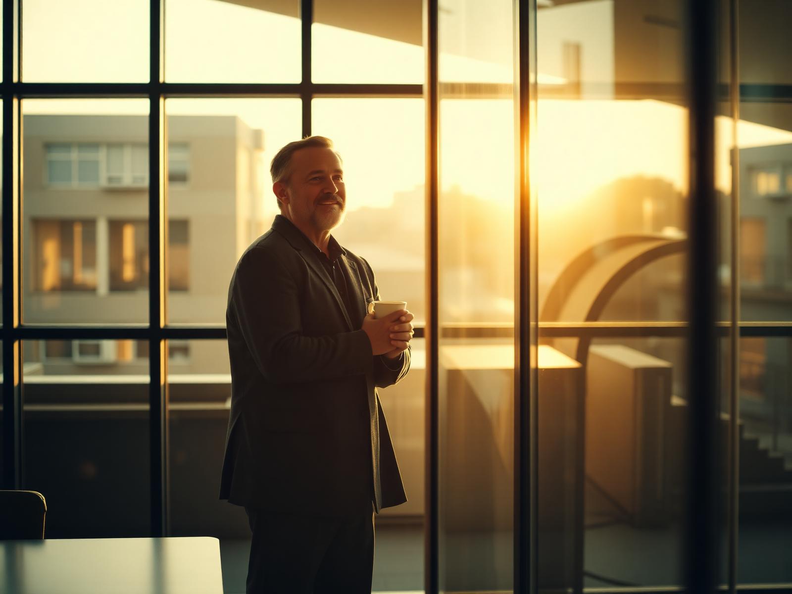 A calm business owner looking out a sunlit window