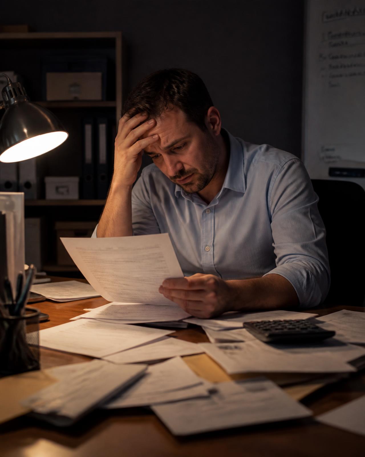 A stressed business owner sitting at his desk under a dim desk lamp, poring over past-due bills